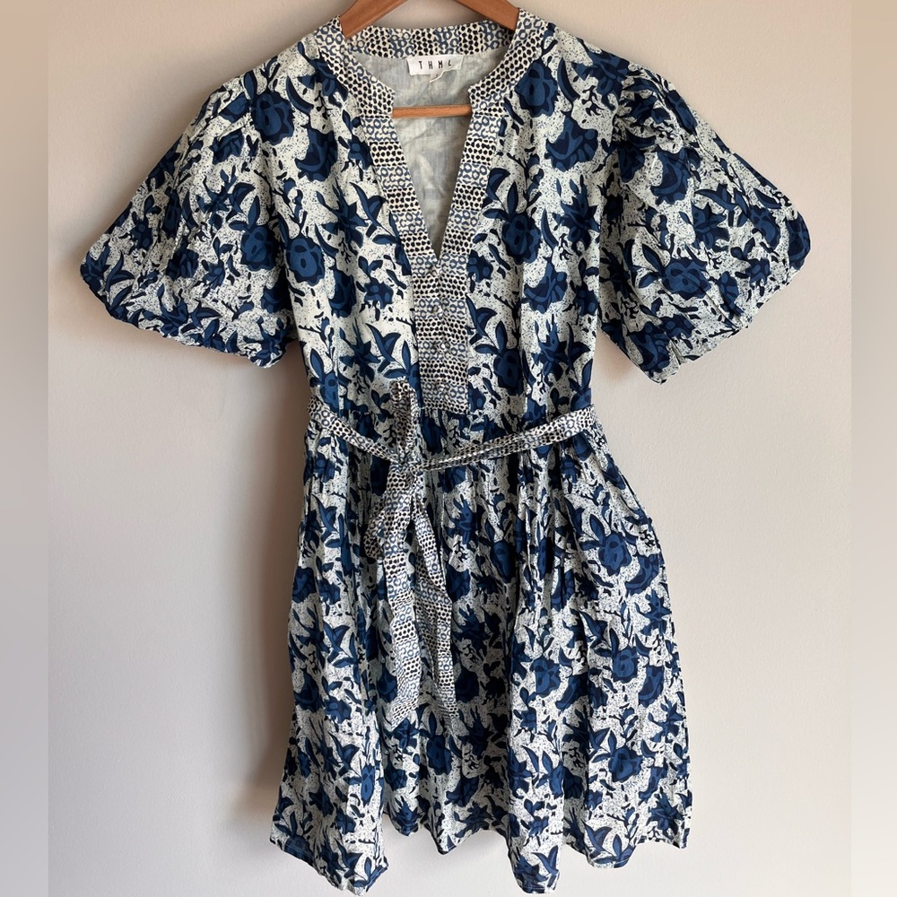 THML Women's Blue Floral Patterned Puff Sleeve Dress 100% Cotton Size Small (S)